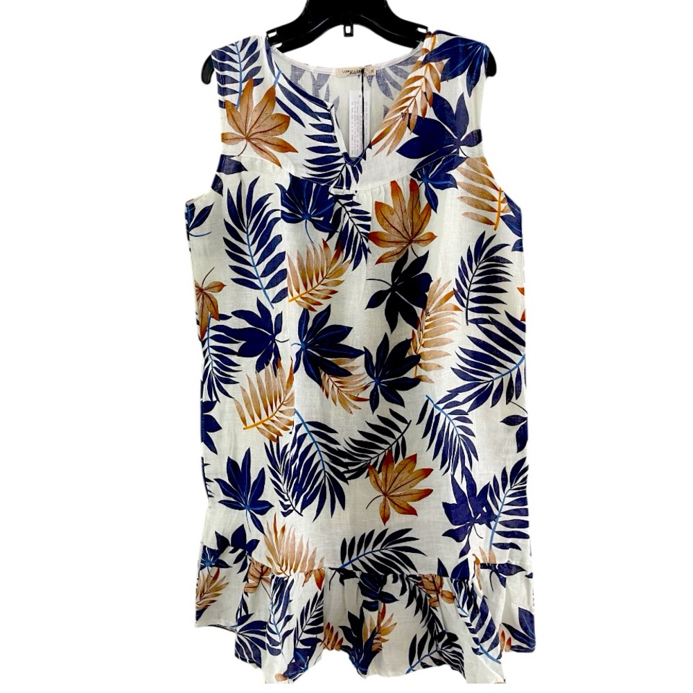 LUNGO L’ARNO Blue Brown ITALIAN Pure Linen Tropical Leaf Dress size: XL NWT!